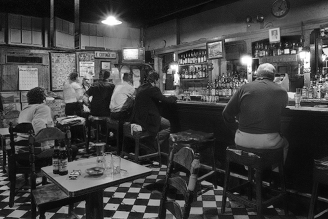 The front room of J.J. Foley’s bar at 21 Kingston Street in Boston.