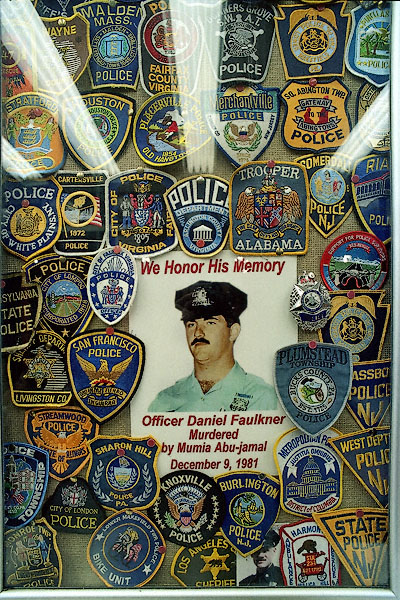 A memorial to officer Daniel Faulkner at Geno’s Philly Cheese Steak Restaurant.