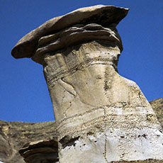 Formed by eons of erosion, a hoo doo towers over the sweltering Alberta badlands