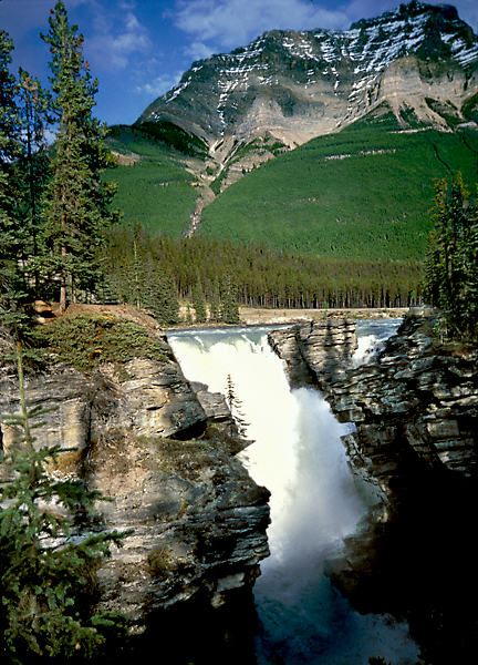 Along Alberta’s Icefields Parkway, Athabasca Falls roars through a canyon created by eons of erosion.