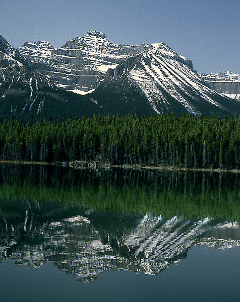 Springtime in the Canadian Rockies, Alberta—A glacial lake mirrors its towering neighbor