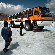 The “Snocoach” shuttles passengers to the Athabasca Glacier, Alberta.