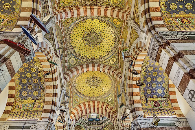 The ceiling above the high altar inside the Neo-Byzantine Basilique Notre-Dame-de-la-Garde in Marseille