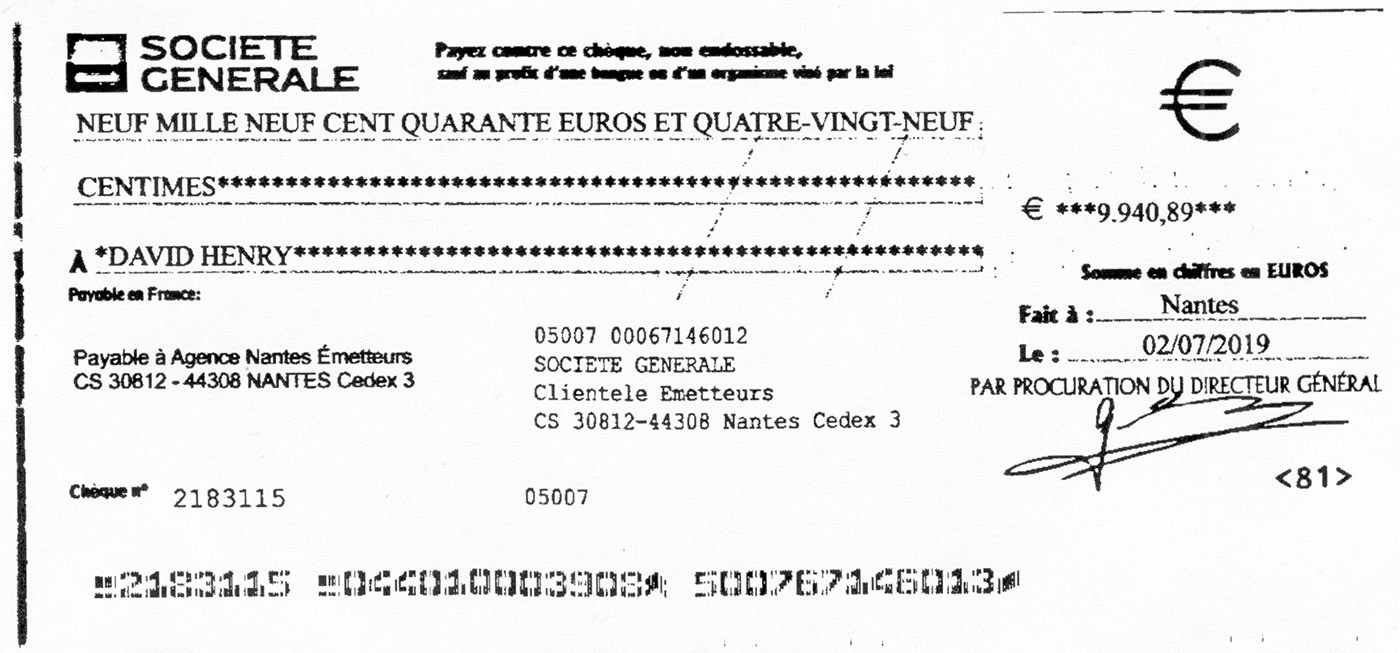 A rubber check for 9,940.89€ sent by Christopher Mecray.