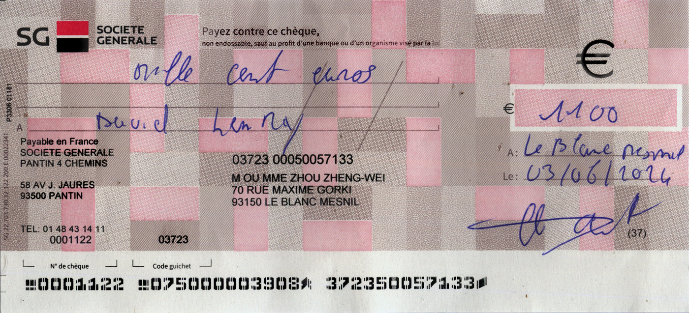 Un chèque de 1.100€ envoyé par «Solange Chemla».