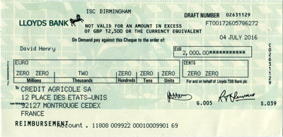 A counterfeit check written for 2,000 euros.