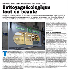 Two color photographs of the H2O dry cleaning shop in the magazine «Sols, Murs et Plafonds», page 18 of the September 2011 issue.